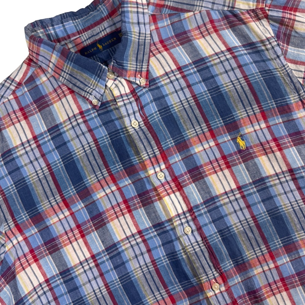 Ralph Lauren Linen Button Down Shirt Mens XXL Blue Red Plaid Short Sleeve